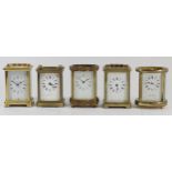 A collection of five carriage clocks, brass cased, 8 day movements, to include a Baynard French