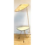 A 1950's lamp and table, fabric shade with leaf decoration, brass fittings 60cm shade