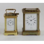 A miniature gilt brass carriage time piece, white enamel dial, 7.5 x 5 x 4.5cm and another small