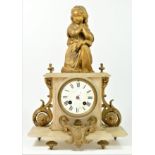 A 19th century French gilt metal and white onyx mantle clock, the white enamel dial with Roman