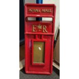 A Royal Mail post box front, red with gilt decoration, with ER insignia and crown, hinged door, no