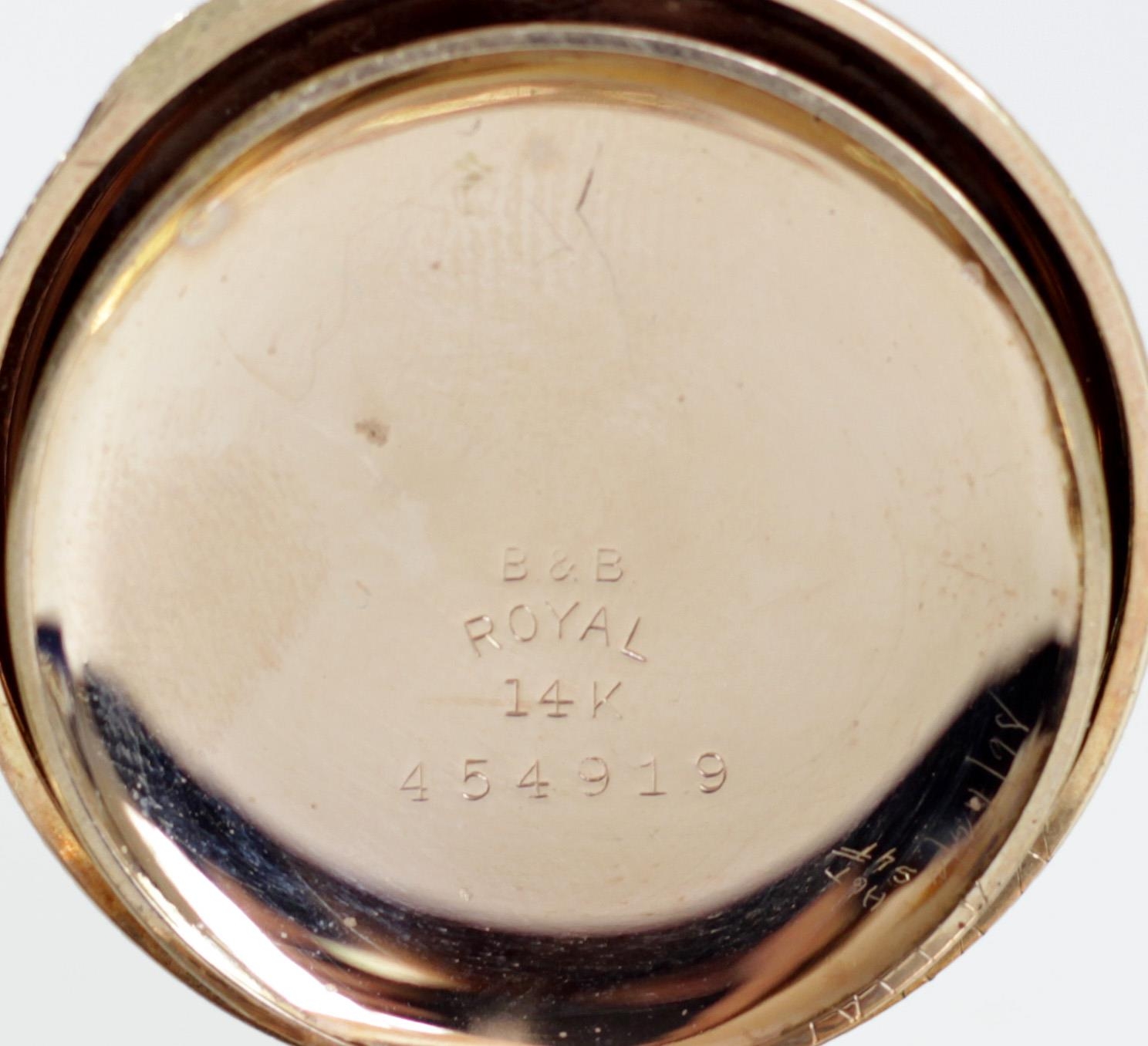 Hampden, a full hunter pocket watch, cuvette stamped B&B, ROYAL, 14K, 17 jewel adjusted movement, - Image 4 of 5
