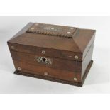 A Victorian rosewood tea caddy of sarcophagus form, with mother of pearl and beaded decoration,