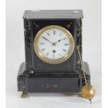 A Victorian slate mantel clock, having marble inset panels and inlaid floral decoration, 8 day