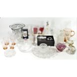 A collection of glassware to include a five piece lemonade set, art glass vases together with a