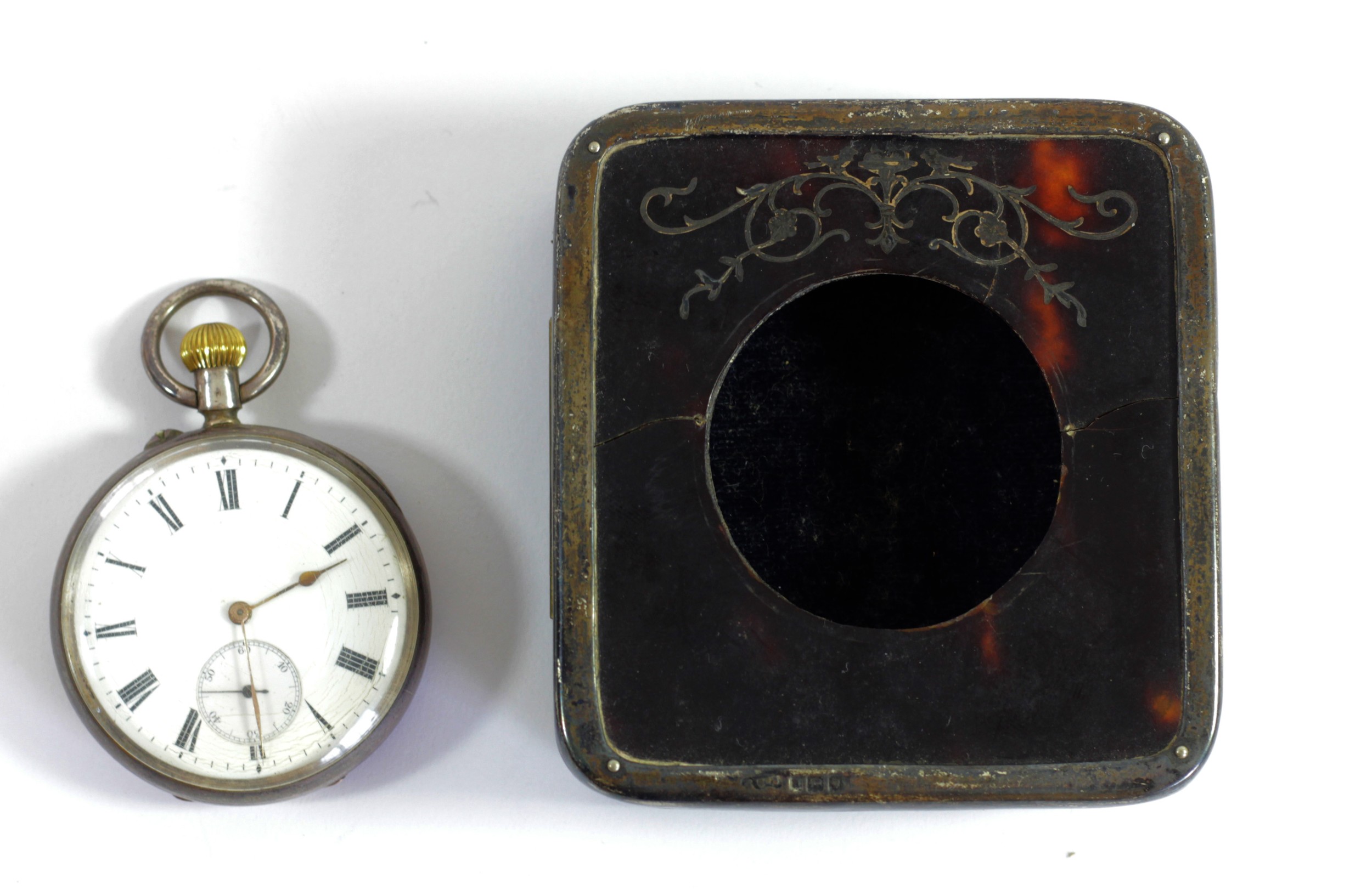 A Victorian silver and tortoiseshell pocket watch easel case, London 1896, containing a 0.935 - Image 2 of 7