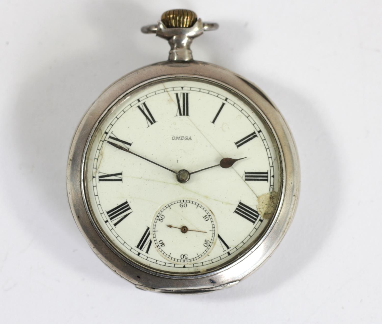 Omega, a silver keyless wind open face pocket watch, tested as silver, dust cover Omega Grand Prix