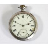 Omega, a silver keyless wind open face pocket watch, tested as silver, dust cover Omega Grand Prix