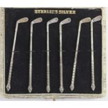 A Sterling Silver set of six olive picks in the form of golf clubs, 30gm, case