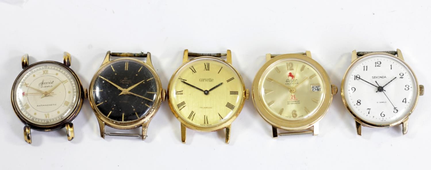 Five gold plated gentleman's watch heads, including Smiths Delux black dial (5)