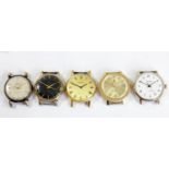 Five gold plated gentleman's watch heads, including Smiths Delux black dial (5)