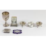 A pair of silver salt pots Sheffield 1903, a silver desk calendar, Birmingham 1906, incomplete, a