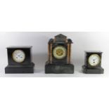 Three Victorian slate & marble cased mantle clocks, having enamelled dials with roman numerals, 8