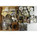 A collection of clock and watch parts, to include keys, pendulums, movements, dials and other