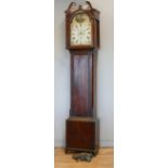 A Victorian mahogany eight day long case clock, the 13" painted arched dial with boy playing with