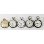 Four silver key wind pocket watches and an Oris gold plated pocket watch, spares or repair