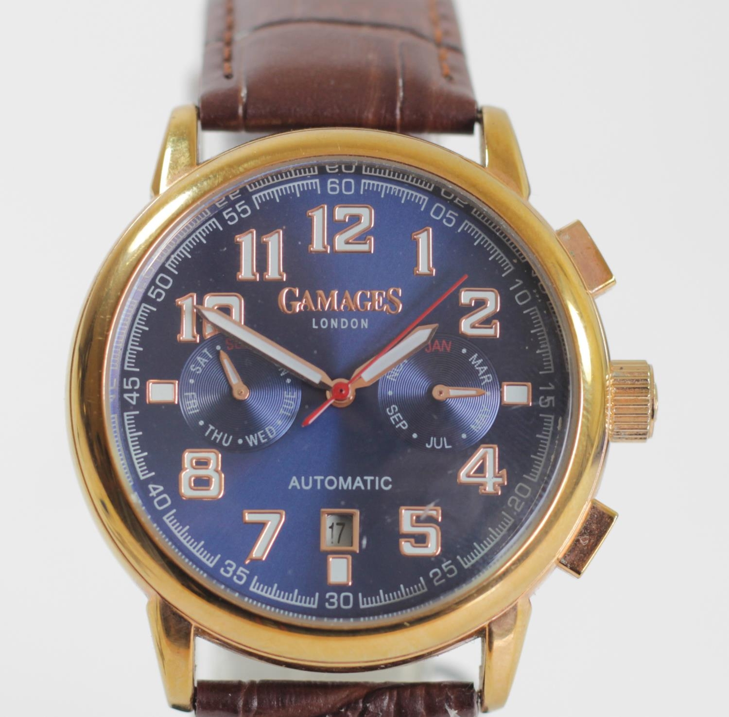 Gamages of London, a rose gold plated automatic calendar blue dial gentleman's wristwatch, date/