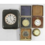 Five early 20th Century traveling bedside clocks, with 8 day movements. (spares or repair)