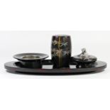 A Japanese lacquer smoking companion set, decorated with bamboo, signed S.T., comprising tray, 35