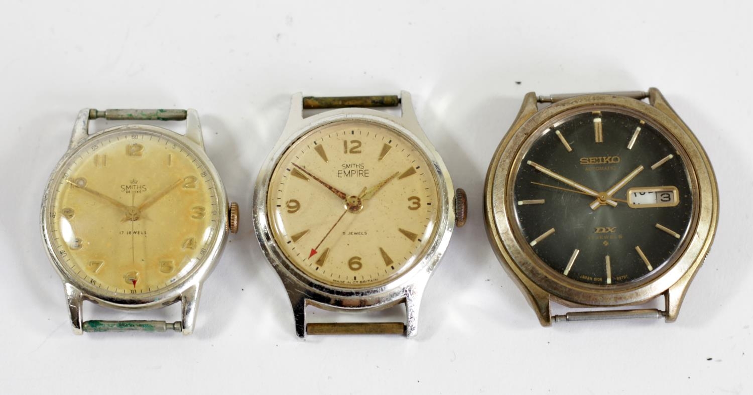 Seiko automatic day/date gilt metal gentleman's watch head, ref6106-8739, together with two Smiths