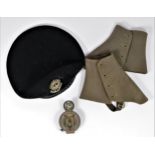 A Stanley, London brass prismatic hand held compass, together with a pair of gaiters and a beret