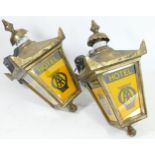 A pair of AA wall hanging lamps, advertising AA hotels, case aluminium brackets, base housing with