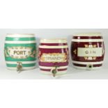 Three Lumley & Co. ceramic spirit barrels to include, Port (33 x 25 cm), Brandy (30 x 20 cm) and Gin