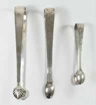A George III silver bright cut set of sugar tongs by Godbehere Wigan & Boult, London 1802, a