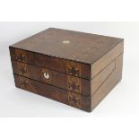 A Victorian walnut writing slope/box, crossband inlay with mother of pearl insets, hinged lid to
