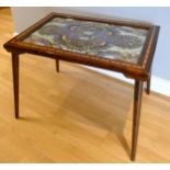 A Brazilian hardwood and marquetry side table, inset with a butterfly wing panel, 70 x 50 x 52cm