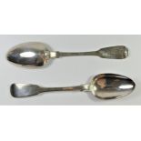 A pair of Victorian silver fiddle pattern table spoons, London 1841, 136gm