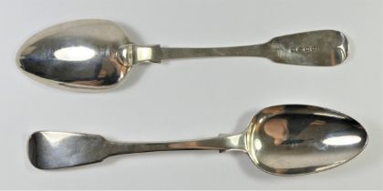 A pair of Victorian silver fiddle pattern table spoons, London 1841, 136gm