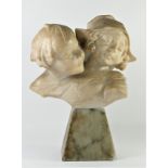 A late 19th century alabaster bust of a young girl and boy, indistinctly signed, mounted on a marble