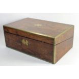 A Victorian burr walnut writing slope/box, brass bound with gilt brass escutcheons, lid opening to