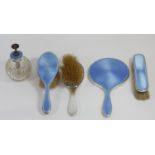 A silver and blue guilloche enamel four piece dressing table set, by Richard Comyns, London 1927,