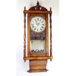 A 19th century walnut, boxwood and marquetry wall clock, 8" dial, the movement striking on a bell,