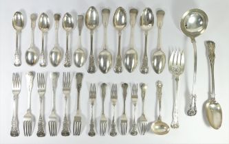 A George III Scottish silver single struck Kings pattern canteen of flatware for six place settings,