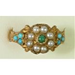 A Victorian style 9ct gold turquoise and half pearl cluster ring, London 1960, with chased scroll