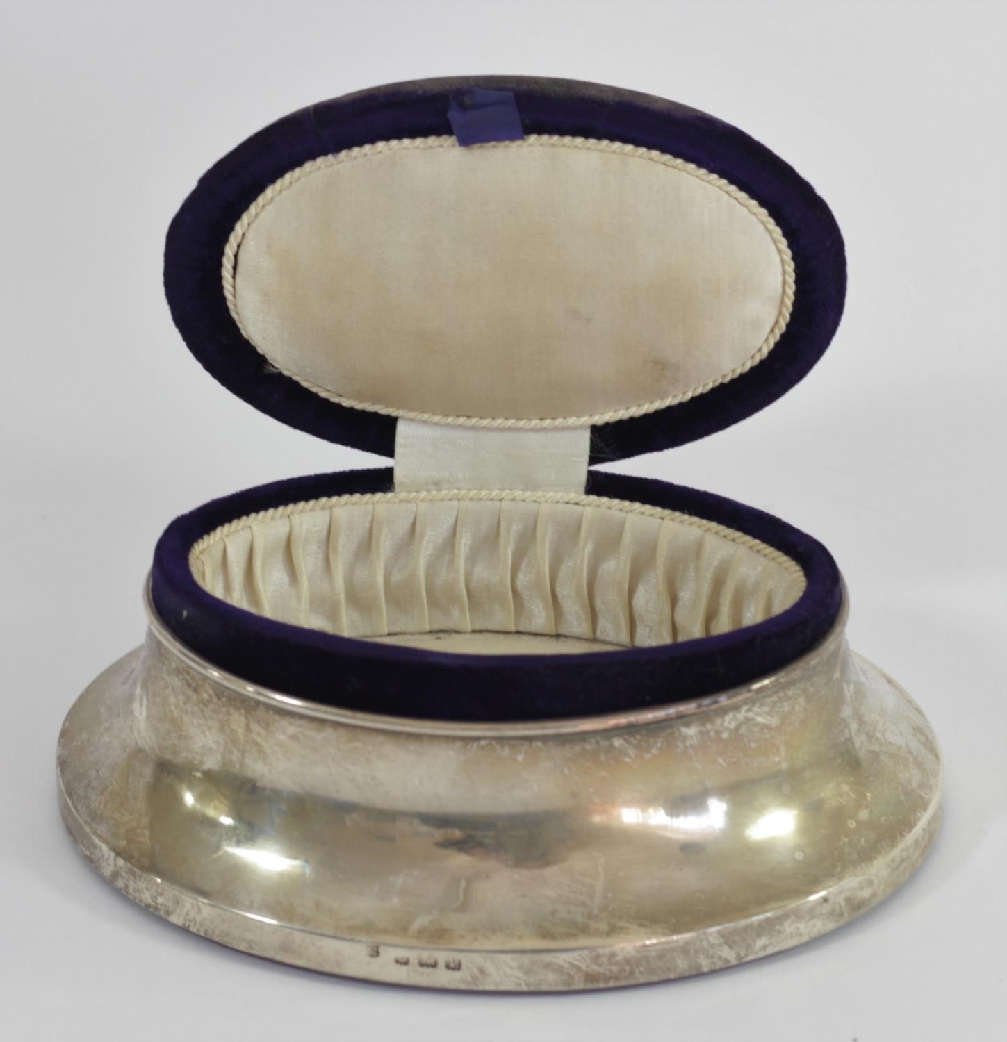 A silver mounted pin cushion/trinket box, Birmingham 1914, of oval form, the hinged lid opening to - Image 2 of 3