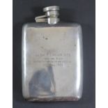 A silver presentation hip flask, by Asprey, Chester 1936, presented to Wg Cdr R.S. Mills, DFC,
