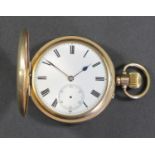 A gold plated key wind full hunter pocket watch, lacking glass