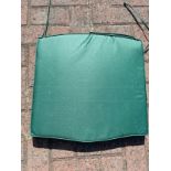 Twelve garden seat cushions, green, foam, approximately 50cm x 50cm, together with four garden bench