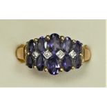 A 9ct gold iolite and diamond dress ring, P 1/2, 3.4gm