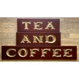 Three mahogany grocer's shop signs, hand carved, gilt decoration, to include Tea, 62cm x 20cm x 2cm,