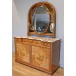 An Italian burr walnut and satinwood dressing table/chest, the front with inlaid stained marquetry