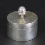 An unmarked hand made silver pill box, tested as 925 standard, with acorn finial, diameter 4.5cm,