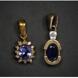 Two 9ct gold, sapphire and diamond pendants, 1.6gm