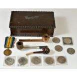 A mid 20th Century oakcased cigarette box & contents, to include a 'Faithful Service' medal,