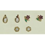 Three 9ct gold pairs of earstuds, opal and diamond, ruby and emerald and opal, 3.8gm