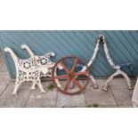 A Victorian cast iron pair of branch pattern bench ends, an pair of cast iron floral bench ends